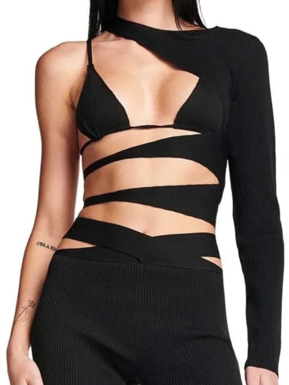 I.AM.GIA Genivieve One Sleeve Cutout Crop Top XS Black